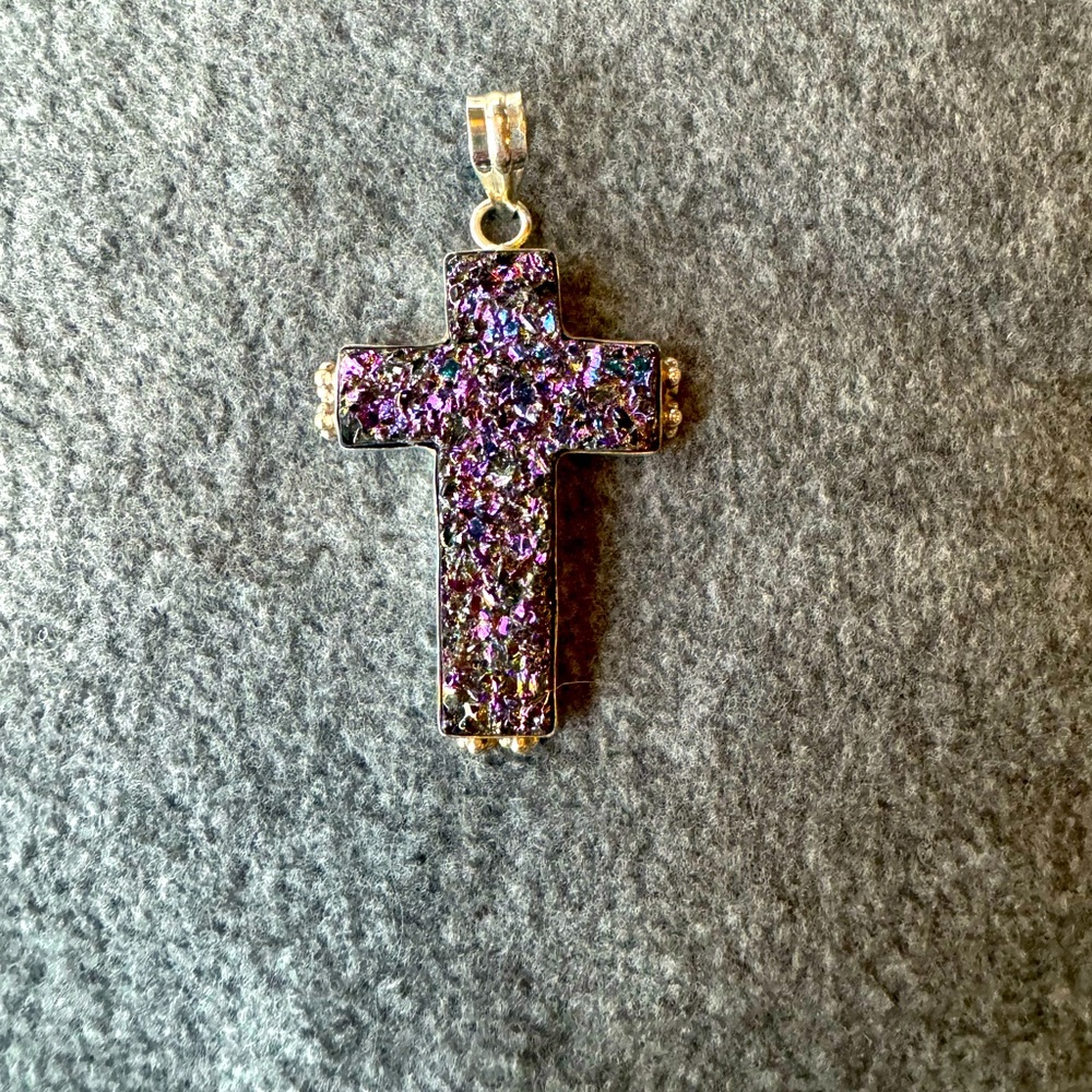 Sterling silver with metallic druzy cross handmade cross jewelry